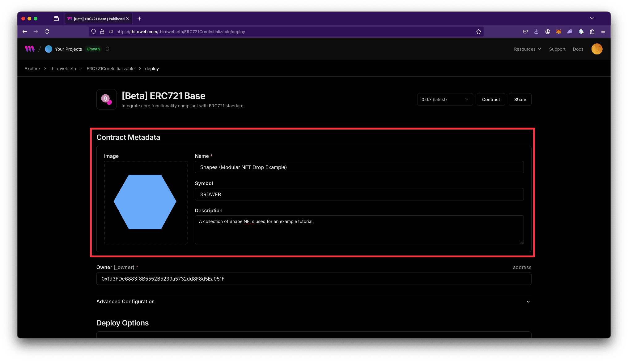 Screenshot of NFT Drop configure metadata